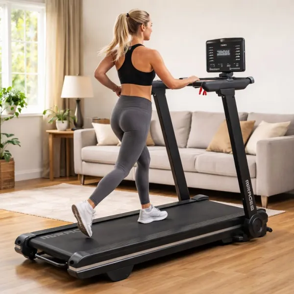 Yngre lyshåret kvinde løber på Toorx Mirage løbebånd i en dansk stue, set skråt bagfra med fokus på løbebåndets design og display